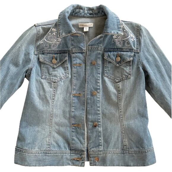 Coldwater Creek Jean Jacket Light Wash Distressed White Embroidered Denim  4P - Picture 8 of 12